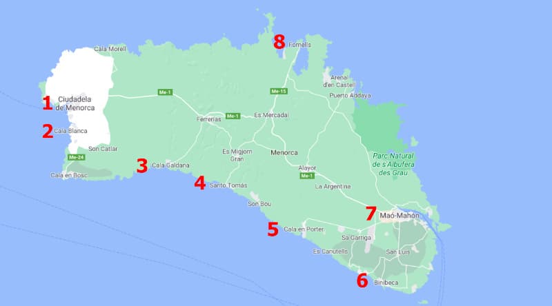 Mapa de las zonas donde alojarse en Menorca