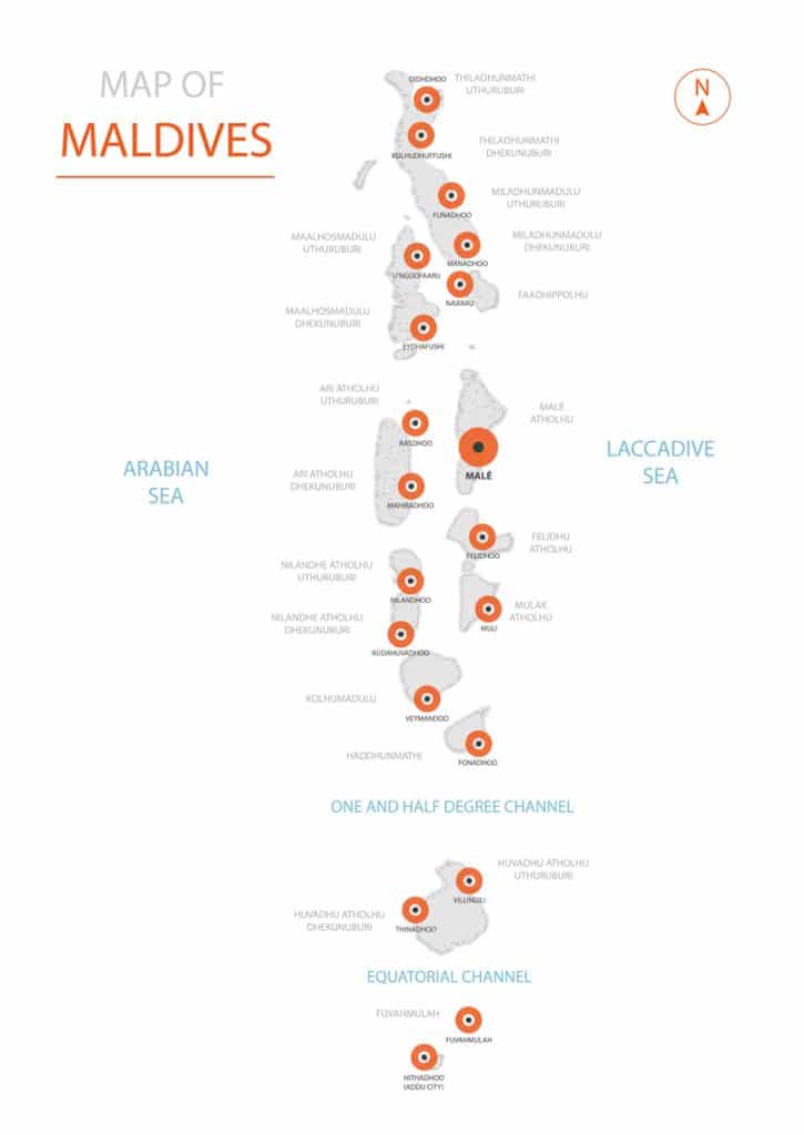 Mapa de Maldivas con sus principales islas