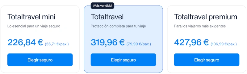 Precios de las modalidades de seguros Intermundial sin el descuento aplicado